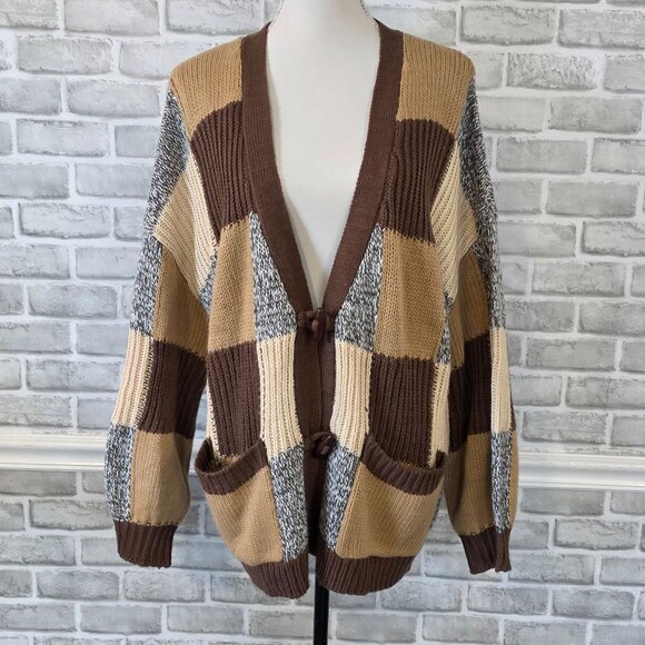 BKE Buckle Oversized Checkered Cardigan Knit Button Up L Cozy Earth Tones Casual - Picture 10 of 10